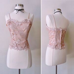 Vintage 90s Lorrie Kabala Romantic Lace Corset Top 8 Pink Floral Appliqué Boho